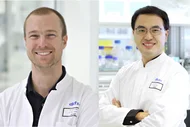 Zwei Portraits von Wissenschaftlern in Laborkitteln nebeneinander.