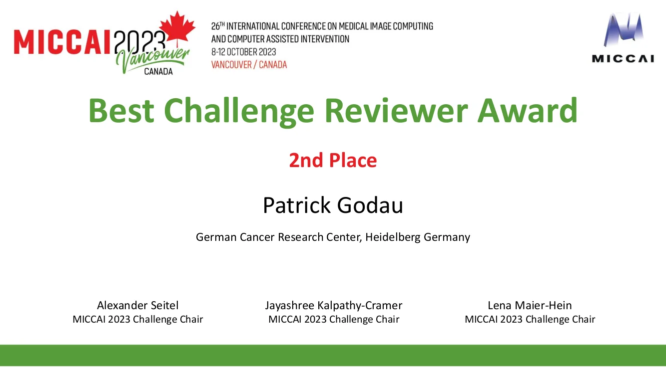 Certificate for the Best Challenge Reviewer Award presented to Patrick Godau from the German Cancer Research Center in Heidelberg, Germany, for achieving 2nd place. The award is part of the MICCAI 2023 conference held in Vancouver, Canada, from October 8 to 12, 2023.