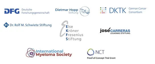 Das Bild zeigt verschiedene Logos von Institutionen und Stiftungen, die in der Forschung im Gesundheitsbereich tätig sind. Dazu gehören: DFG, Dietmar Hopp Stiftung, Dr. Rolf M. Schwiete Stiftung, Else Kröner Fresenius Stiftung, International Myeloma Society, DKTK, joséCARRERAS Leukämie-Stiftung und NCT.