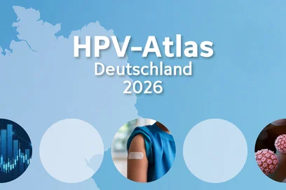 Cover des HPV-Atlas Deutschland 2026. Das Design enthält medizinische Symbole, eine Spritze, einen Impfstoff, Diagramme und Bilder von Menschen, die sich impfen lassen. Das Logo des nationalen Krebspräventionszentrums und des Deutschen Krebsforschungszentrums sind ebenfalls abgebildet.