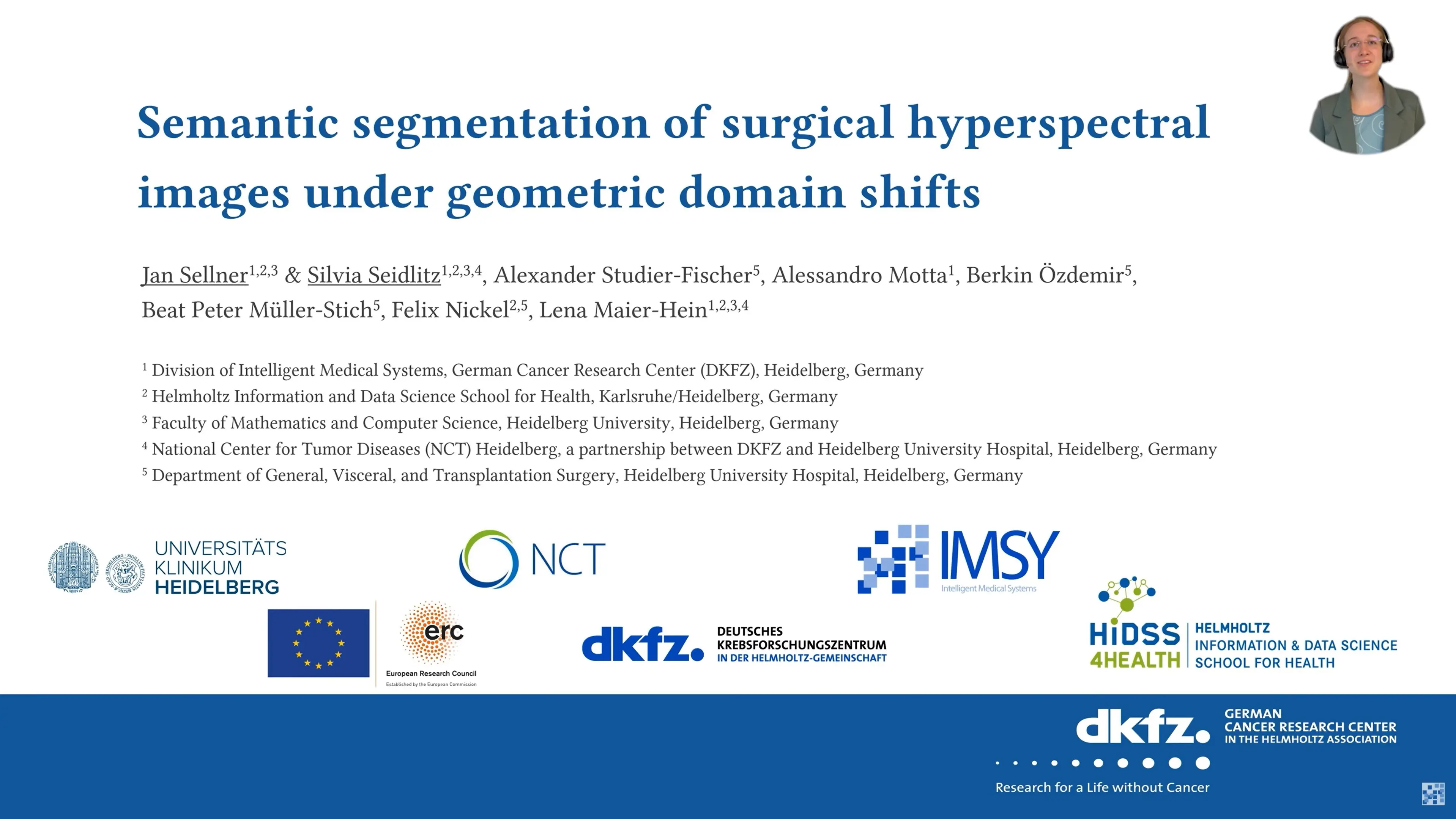 The image presents a research poster titled "Semantic segmentation of surgical hyperspectral images under geometric domain shifts." It includes author names, affiliations, and logos from various institutions, highlighting collaborative research efforts in medical imaging and data science.