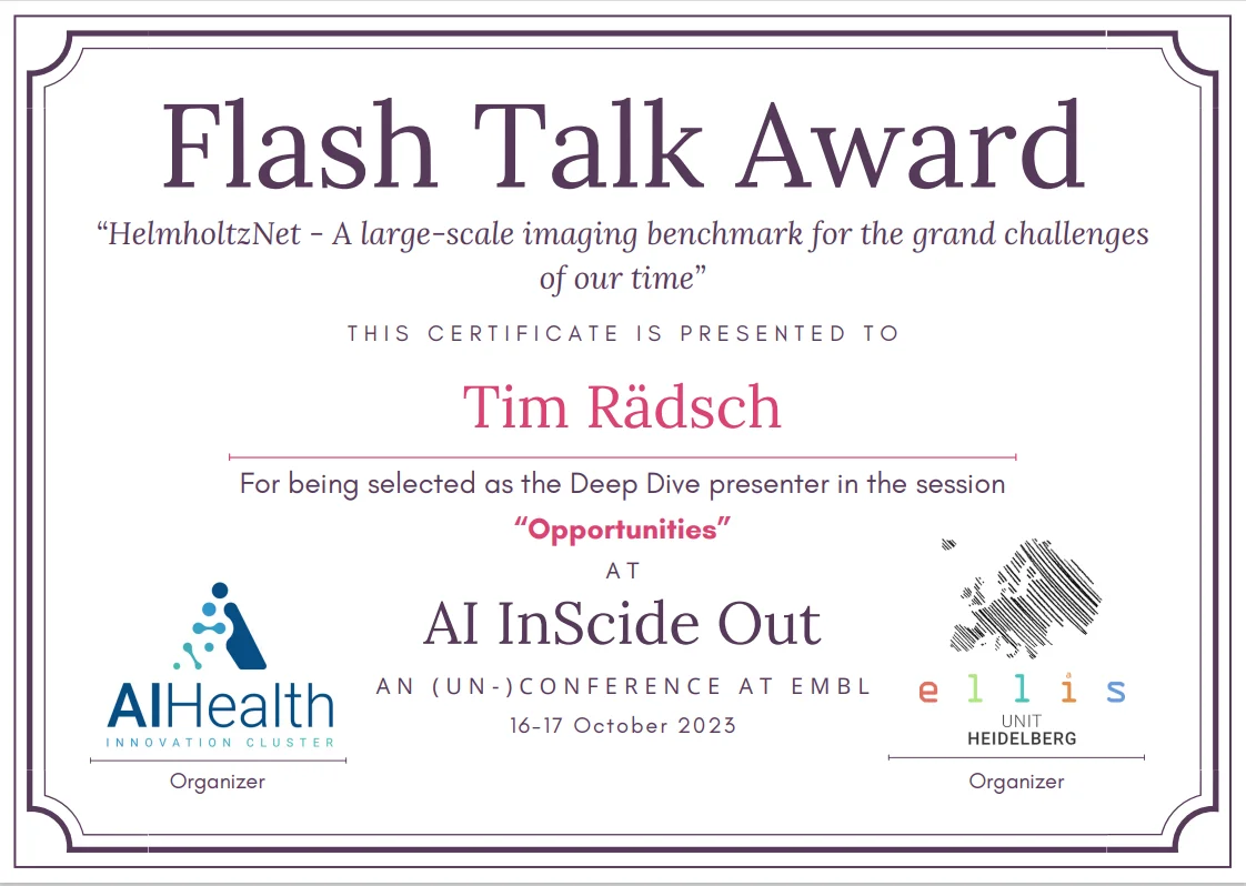 Certificate titled "Flash Talk Award" presented to Tim Rädsch for being selected as the Deep Dive presenter at the AI InSide Out conference, held at EMBL on October 16-17, 2023. The award highlights contributions related to HelmholtzNet and imaging benchmarks.