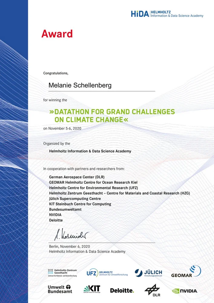 Award certificate for Melanie Schellenberg recognizing her achievement in the "Datathon for Grand Challenges on Climate Change," held from November 5-6, 2020. Organized by the Helmholtz Information & Data Science Academy in collaboration with various research institutions and companies, including the German Aerospace Center and NVIDIA.