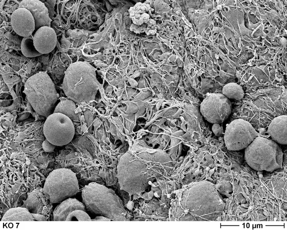 Rasterelektronenmikroskopische Aufnahme der geschädigten Ependymschicht innerhalb eines Hirnventrikels nach Verlust des Mpdz-Gens.
