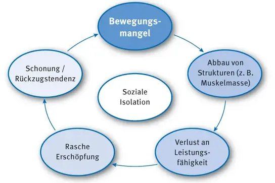 Kreislaufgrafik zeigt Folgen von Bewegungsmangel: Bewegungsmangel → Abbau von Strukturen (z. B. Muskelmasse) → Verlust an Leistungsfähigkeit → rasche Erschöpfung → Schonung/Rückzugstendenz → zurück zu Bewegungsmangel; in der Mitte: Soziale Isolation.