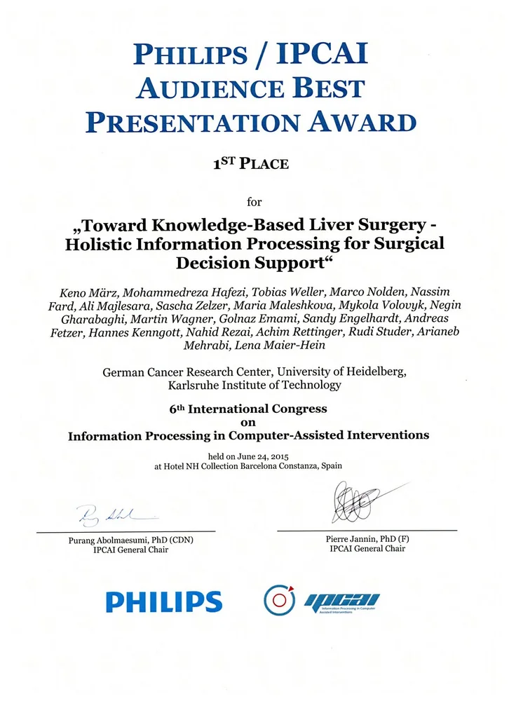 Certificate awarded for 1st place in the “Audience Best Presentation Award” at the 6th International Congress on Information Processing in Computer-Assisted Interventions. The award recognizes the team for their work on "Toward Knowledge-Based Liver Surgery - Holistic Information Processing for Surgical Decision Support."