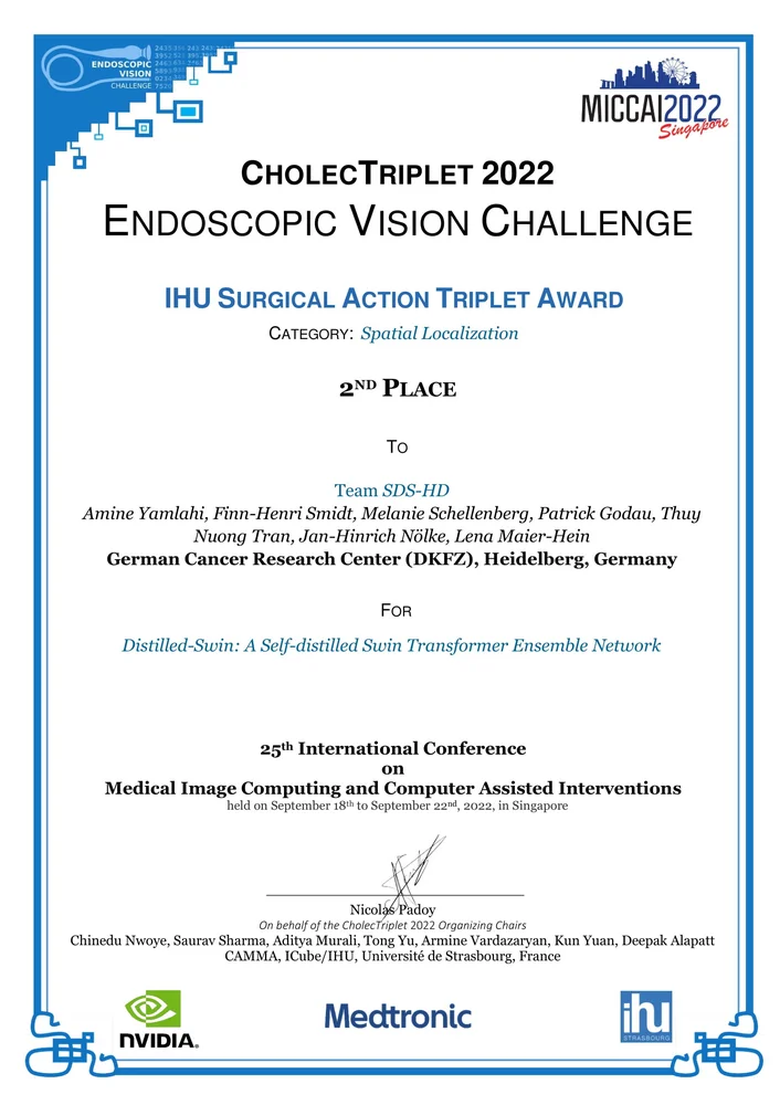 A certificate recognizing the team SDS-HD for winning 2nd place in the IHU Surgical Action Triplet Award at the CholecTriplet 2022 Endoscopic Vision Challenge. The award is for the project titled "Distilled-Swin: A Self-distilled Swin Transformer Ensemble Network."