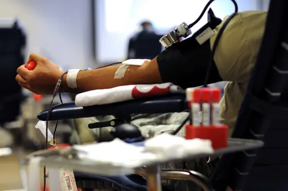 A close-up view of a person’s arm with a blood donation needle inserted. The individual is seated in a medical chair, holding a squeezable item with their hand. Blood collection tubes are visible nearby, indicating a blood donation event supporting community health.