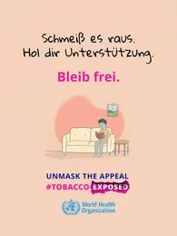 Text „Schmeiß es raus. Hol dir Unterstützung. Bleib frei.“ Bild: Person sitzt glücklich auf der Couch und liest ein Buch.