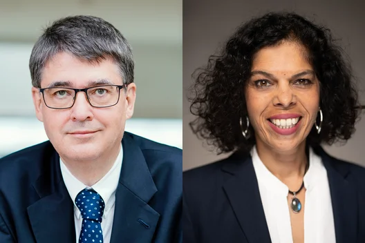 Zwei Porträtbilder nebeneinander. Links der wissenschaftliche Vorstand, rechts die kaufmännische Vorständin.