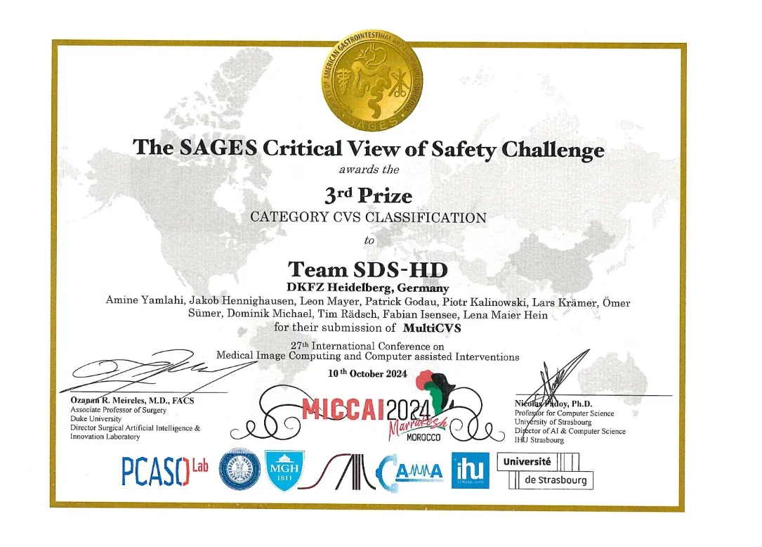 Certificate awarded to Team SDS-HD from DKFZ Heidelberg, Germany, for winning 3rd Prize in the SAGES Critical View of Safety Challenge in the category of CVS classification. The award signifies recognition in medical image computing and computer-assisted intervention. Dated October 10, 2022.