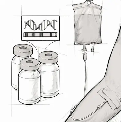 Das Bild zeigt drei Fläschchen mit Medikamenten, einen Tropfbeutel und eine Hand mit einer Infusionsnadel im Arm. Im Hintergrund ist ein Diagramm mit einer DNA-Doppelhelix zu sehen. Diese Elemente vermitteln das Thema medizinische Behandlung und Genetik.
