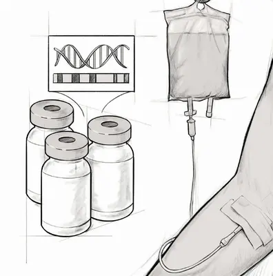 Das Bild zeigt drei Fläschchen mit Medikamenten, einen Tropfbeutel und eine Hand mit einer Infusionsnadel im Arm. Im Hintergrund ist ein Diagramm mit einer DNA-Doppelhelix zu sehen. Diese Elemente vermitteln das Thema medizinische Behandlung und Genetik.