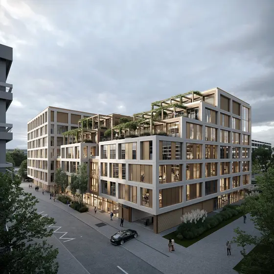 Architektonische Visualisierung eines modernen Neubaus im Neuenheimer Feld, Heidelberg. Das Gebäude verfügt über große Glasfassaden und begrünte Terrassen. Menschen gehen entlang der Straße, während in den Innenräumen Licht brennt.