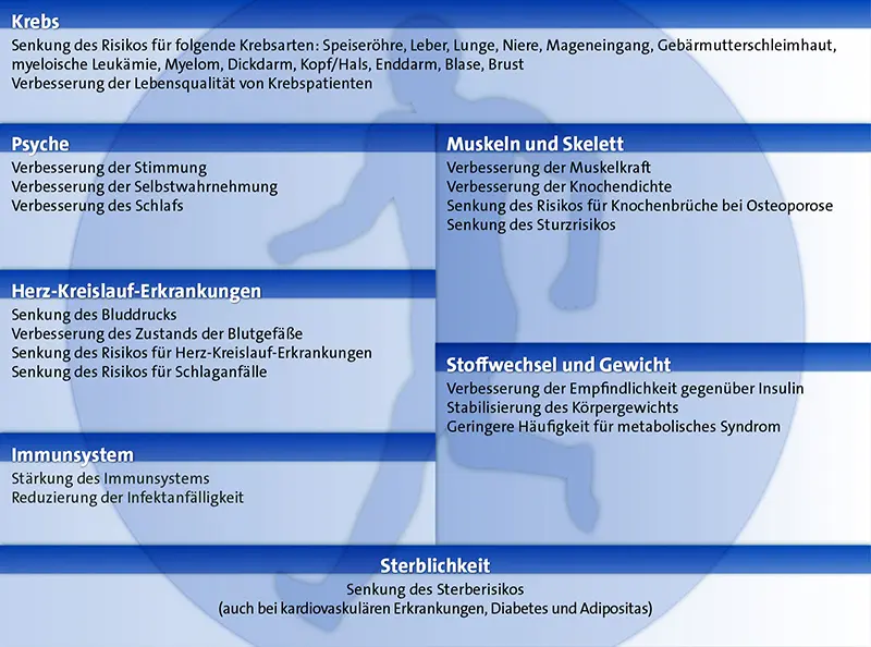 Grafik zu den positiven Wirkungen von körperlicher Aktivität. Krebs: Senkung des Risikos für folgende Krebsarten: Speiseröhre, Leber, Lunge, Niere, Magenengeingang, Gebärmutterschleimhaut, myeloische Leukämie, Myelom, Dickdarm, Kopf/Hals, Enddarm, Blase, Brust. Verbesserung der Lebensqualität von Krebspatienten. Psyche: Verbesserung der Stimmung, Verbesserung der Selbstwahrnehmung, Verbesserung des Schlafs. Herz-Kreislauf-Erkrankungen: Senkung des Blutdrucks, Verbesserung des Zustands der Blutgefäße, Senkung des Risikos für Herz-Kreislauf-Erkrankungen, Senkung des Risikos für Schlaganfälle. Immunsystem: Stärkung des Immunsystems, Reduzierung der Infektanfälligkeit. Muskeln und Skelett: Verbesserung der Muskelkraft, Verbesserung der Koordinationsfähigkeit, Senkung des Risikos für Knochenbrüche bei Osteoporose, Senkung des Sturzrisikos. Stoffwechsel und Gewicht: Verbesserung der Empfindlichkeit gegenüber Insulin, Stabilisierung des Körpergewichts, Geringere Häufigkeit für metabolisches Syndrom. Sterblichkeit: Senkung des Sterberisikos (auch bei kardiovaskulären Erkrankungen, Diabetes und Adipositas).