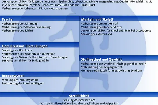 Grafik zu den positiven Wirkungen von körperlicher Aktivität. Krebs: Senkung des Risikos für folgende Krebsarten: Speiseröhre, Leber, Lunge, Niere, Magenengeingang, Gebärmutterschleimhaut, myeloische Leukämie, Myelom, Dickdarm, Kopf/Hals, Enddarm, Blase, Brust. Verbesserung der Lebensqualität von Krebspatienten. Psyche: Verbesserung der Stimmung, Verbesserung der Selbstwahrnehmung, Verbesserung des Schlafs. Herz-Kreislauf-Erkrankungen: Senkung des Blutdrucks, Verbesserung des Zustands der Blutgefäße, Senkung des Risikos für Herz-Kreislauf-Erkrankungen, Senkung des Risikos für Schlaganfälle. Immunsystem: Stärkung des Immunsystems, Reduzierung der Infektanfälligkeit. Muskeln und Skelett: Verbesserung der Muskelkraft, Verbesserung der Koordinationsfähigkeit, Senkung des Risikos für Knochenbrüche bei Osteoporose, Senkung des Sturzrisikos. Stoffwechsel und Gewicht: Verbesserung der Empfindlichkeit gegenüber Insulin, Stabilisierung des Körpergewichts, Geringere Häufigkeit für metabolisches Syndrom. Sterblichkeit: Senkung des Sterberisikos (auch bei kardiovaskulären Erkrankungen, Diabetes und Adipositas).