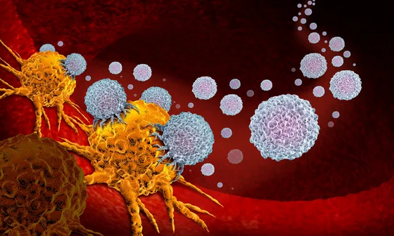 Visualisierung von Zellen im menschlichen Blut. Im Vordergrund sind auffällig gestaltete Zellen zu sehen, die Immunzellen darstellen, während im Hintergrund kleine, kugelförmige Partikel schwebend abgebildet sind. Die Farben sind lebhaft, mit roten und orangefarbenen Tönen.