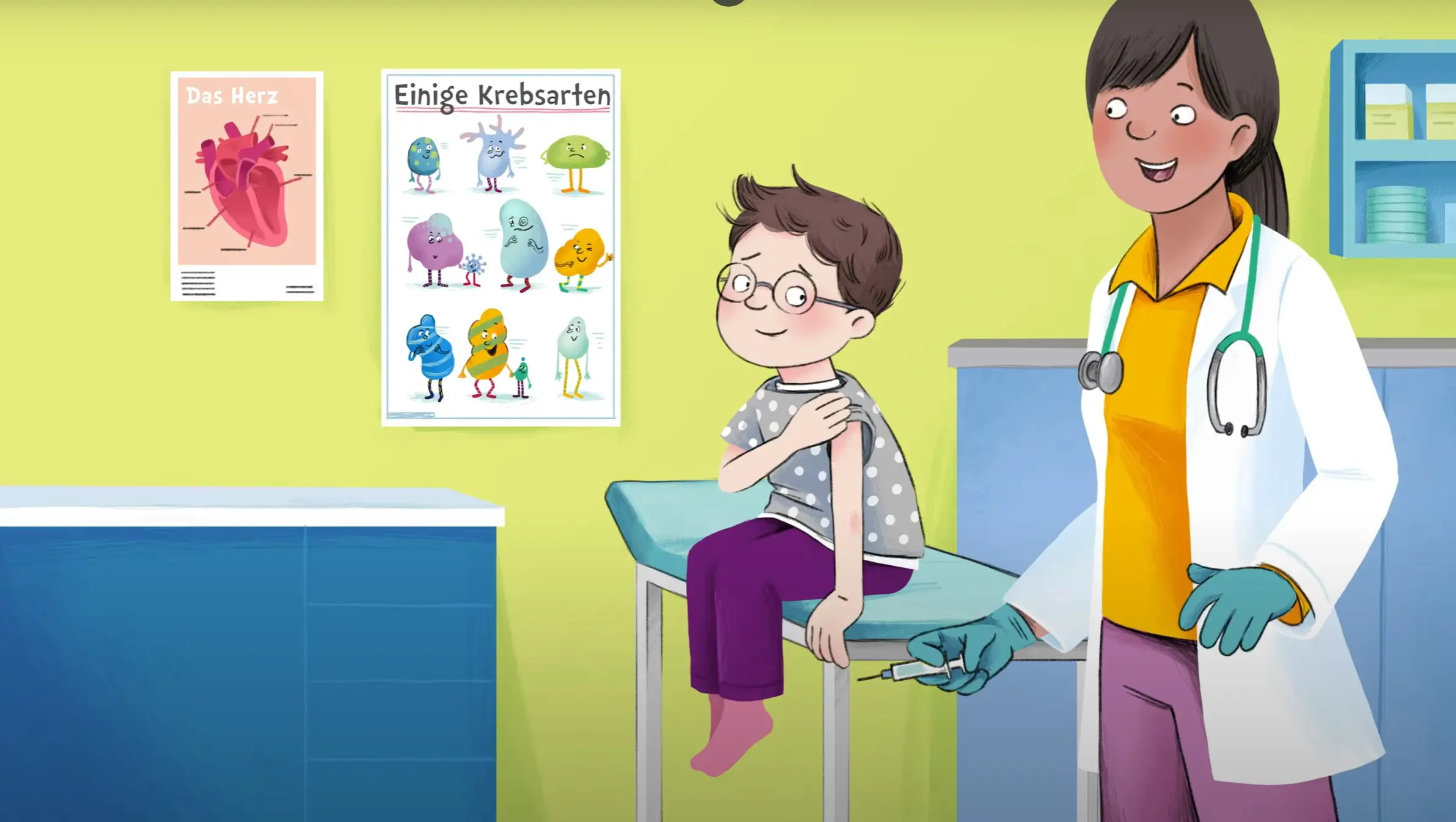 Illustration einer Ärztin mit Kind nach Impfung.