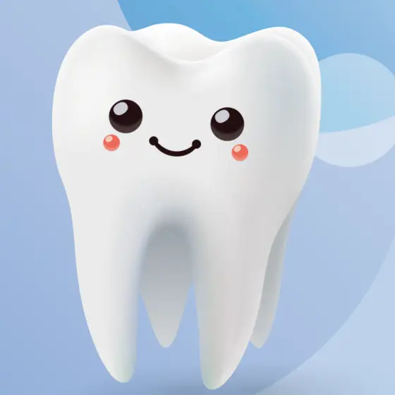 Eine stilisierte Abbildung eines fröhlichen Zahns mit großen Augen und einem lächelnden Gesicht. Der Zahn hat rote Wangen und schwebt vor einem blauen Hintergrund.