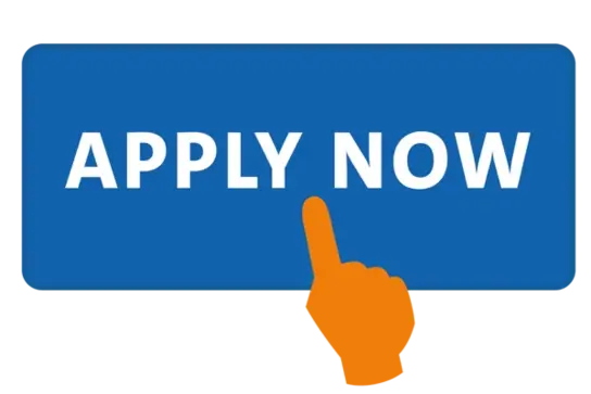 A rectangular button with the text "APPLY NOW" in white letters on a blue background, accompanied by a stylized orange hand pointing towards it, inviting users to take action.