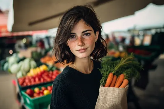 Eine junge Frau mit lockigem, braunem Haar hält einen Jutesack mit frischen Karotten. Im Hintergrund sind verschiedene Obst- und Gemüsekörbe auf einem Markt zu sehen, was die bunte Auswahl an frischen Lebensmitteln verdeutlicht.