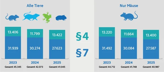 Balkendiagramm mit zwei Spalten: links für "Alle Tiere" und rechts für "Nur Mäuse". Beide zeigen Daten für die Jahre 2023, 2024 und 2025. In 2023 sind die Gesamtzahlen 45.345 für alle Tiere und 44.712 für Mäuse angegeben.