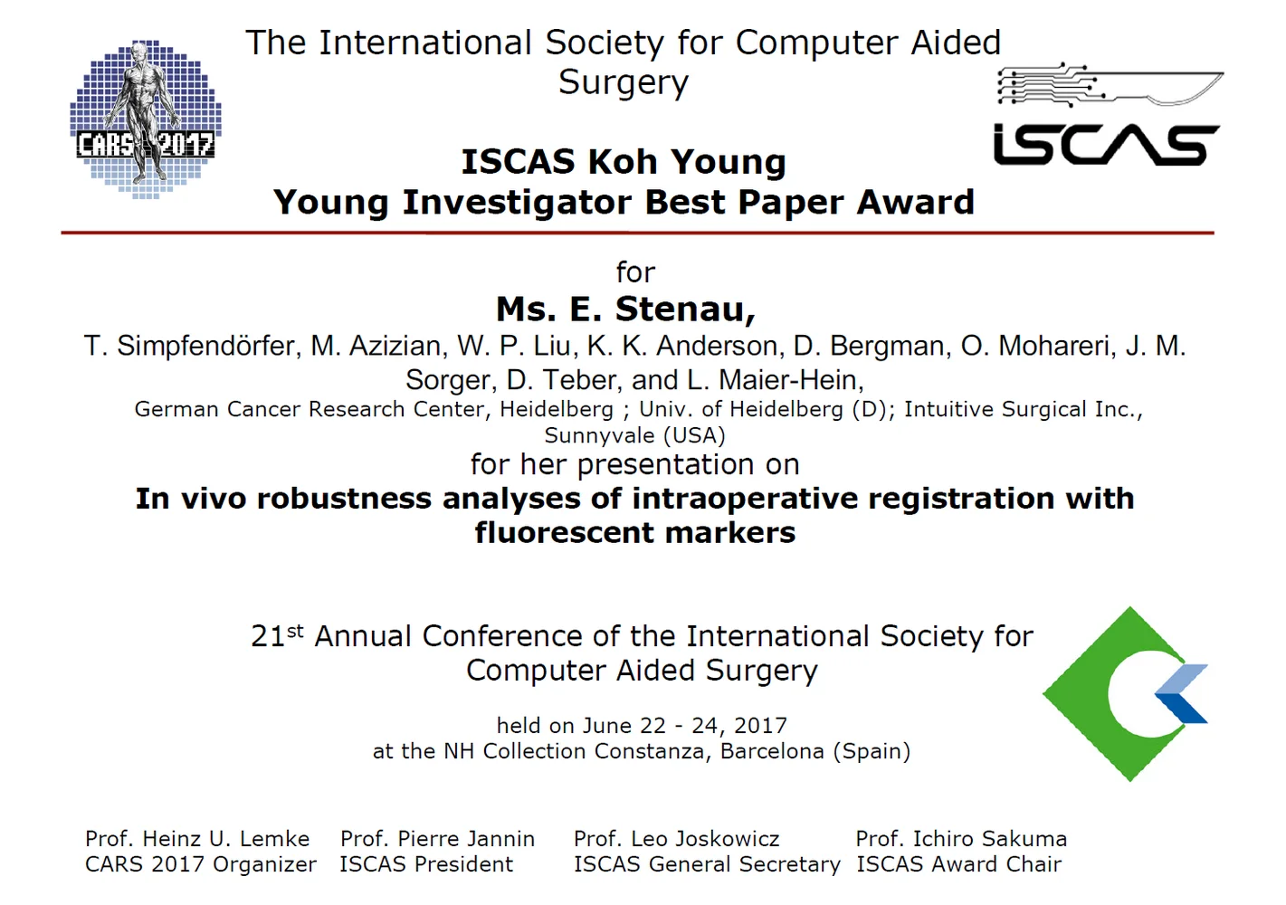 The image displays an award certificate for Ms. E. Stanau, recognizing her as the recipient of the ISCAs Koh Young Young Investigator Best Paper Award. The award acknowledges her presentation on in vivo analyses related to intraoperative registration with fluorescent markers at the 21st Annual Conference in Barcelona, 2017.