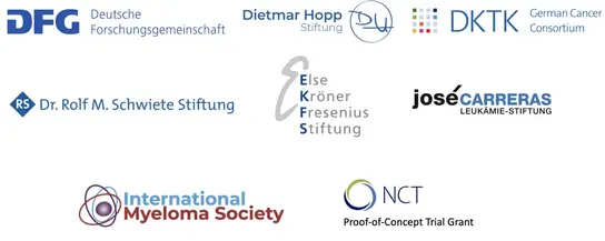 Das Bild zeigt verschiedene Logos von Stiftungen und Organisationen, darunter die DFG, Dietmar Hopp Stiftung, Else Kröner Fresenius Stiftung, José Carreras Leukämie-Stiftung, International Myeloma Society und NCT. Diese repräsentieren Unterstützer im Bereich der medizinischen Forschung und Behandlung.