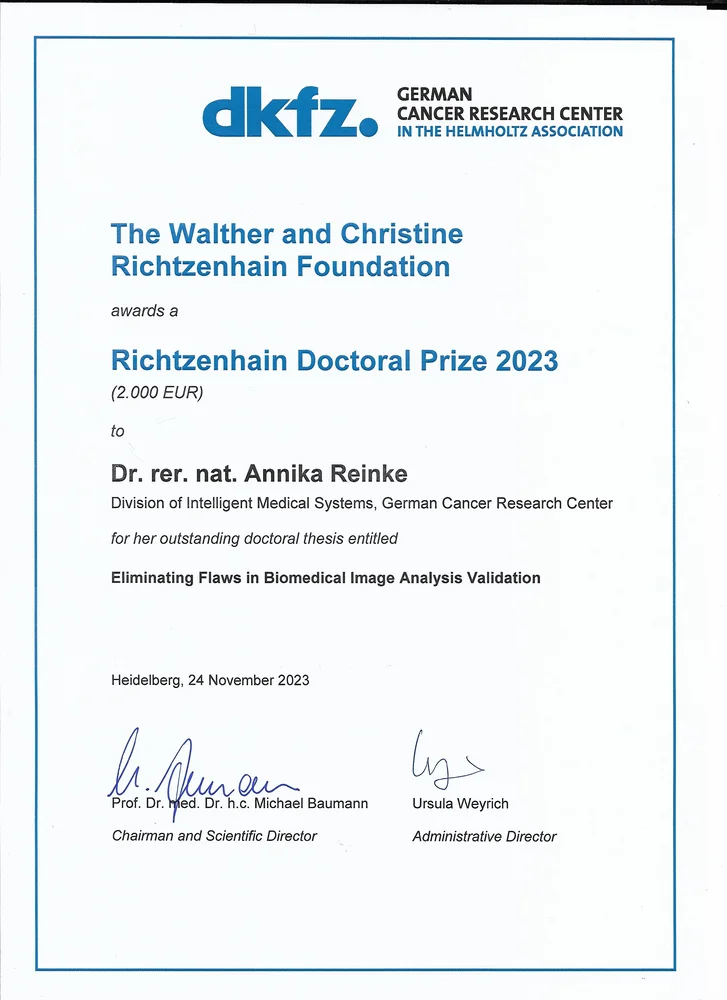 Certificate awarded by the Walther and Christine Richtzenhain Foundation for the Richtzenhain Doctoral Prize 2023, recognizing Dr. Annika Reinke from the German Cancer Research Center for her doctoral thesis on improving biomedical image analysis validation. Date: November 24, 2023.