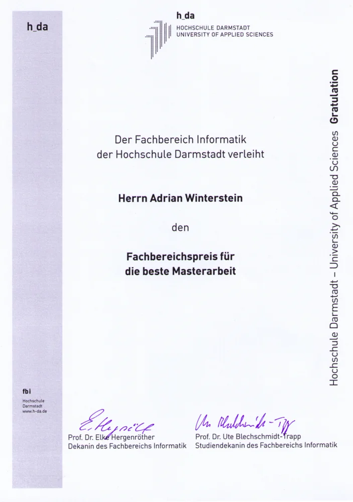 Certificate of achievement awarded by the Department of Computer Science at Hochschule Darmstadt to Adrian Winterstein for the best Master's thesis. It includes the signatures of the Dean and the Program Director.