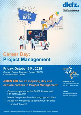 Der Karrieretag zum Thema Projektmanagement findet am Freitag, dem 24. Oktober 2025, im Deutschen Krebsforschungszentrum (DKFZ) statt. Es werden Einblicke von Alumni und Fachleuten, interaktive Podiumsdiskussionen und Workshops angeboten. Interessierte sind eingeladen, ihre Fähigkeiten im Projektmanagement zu entdecken und zu erweitern.