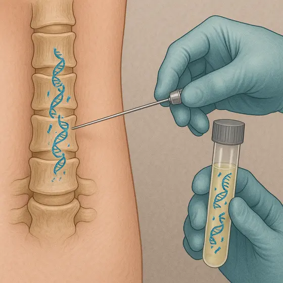 Eine Hand mit einer Spritze entnimmt eine Probe aus dem Rückenmark. Neben der Wirbelsäule steht ein Reagenzglas, das eine Flüssigkeit mit DNA-Strukturen enthält. Die Darstellung vermittelt einen medizinischen Kontext, möglicherweise im Bereich der Genetik oder Zellforschung.