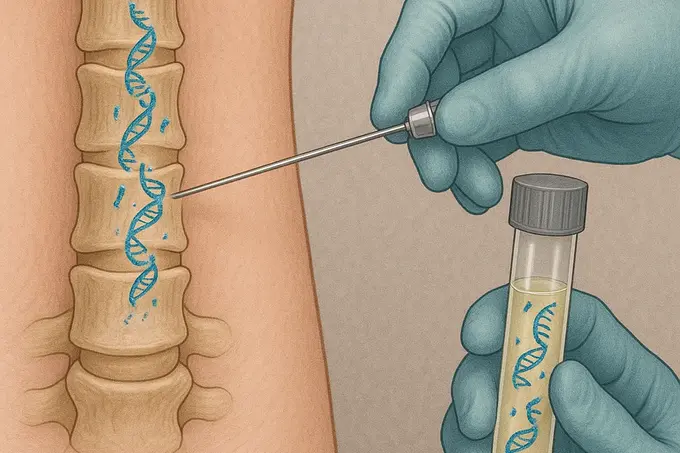 Eine Hand mit einer Spritze entnimmt eine Probe aus dem Rückenmark. Neben der Wirbelsäule steht ein Reagenzglas, das eine Flüssigkeit mit DNA-Strukturen enthält. Die Darstellung vermittelt einen medizinischen Kontext, möglicherweise im Bereich der Genetik oder Zellforschung.