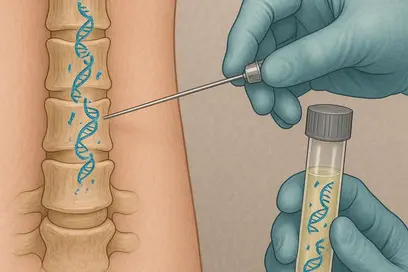 Eine Hand mit einer Spritze entnimmt eine Probe aus dem Rückenmark. Neben der Wirbelsäule steht ein Reagenzglas, das eine Flüssigkeit mit DNA-Strukturen enthält. Die Darstellung vermittelt einen medizinischen Kontext, möglicherweise im Bereich der Genetik oder Zellforschung.