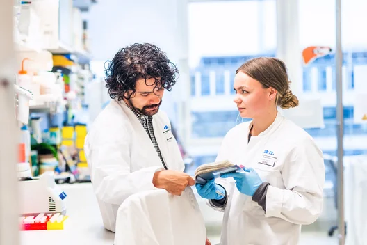Zwei Wissenschaftler in Laborkitteln stehen in einem Labor. Der Mann zeigt auf ein Buch oder Dokument, während die Frau ihm aufmerksam zuhört. Sie tragen Einmalhandschuhe und sind umgeben von Regalen mit verschiedenen wissenschaftlichen Materialien. Tageslicht strömt durch ein Fenster im Hintergrund.