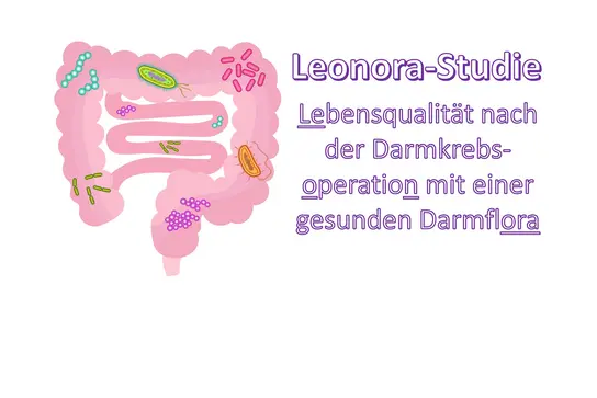 Illustration eines menschlichen Darms, begleitet von dem Text: "Leonora-Studie – Lebensqualität nach der Darmkrebsoperation mit einer gesunden Darmflora." Die Darstellung enthält verschiedene Mikroben und Bakterien, die eine gesunde Darmflora symbolisieren.