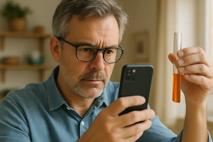 AI-generated image. It shows a man holding a smartphone in one hand and a tube containing red liquid in the other.