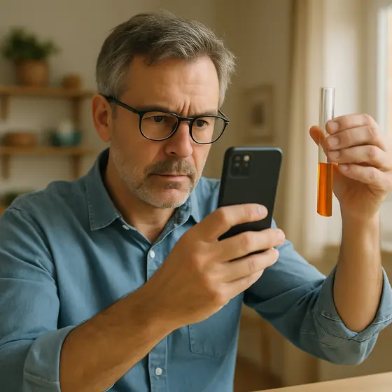 AI-generated image. It shows a man holding a smartphone in one hand and a tube containing red liquid in the other.