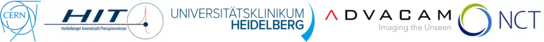 Logos of partnering organizations in medical physics and radiation therapy, including HIT, Universitätsklinikum Heidelberg, and others, showcasing collaboration in novel detection techniques for ion beams.