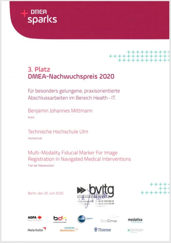 Certificate awarded to Benjamin Johannes Mittmann for securing 3rd place in the DMEA Nachwuchspreis 2020, recognizing outstanding practical projects in the field of Health IT. The certificate mentions his affiliation with Technische Hochschule Ulm and the title of his master's thesis, "Multi-Modality Fiducial Marker For Image Registration In Navigated Medical Interventions."
