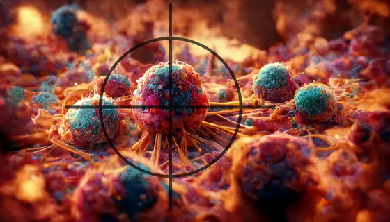Nahaufnahme von Krebszellen in lebendigen Farben, mit einer Zielmarkierung über einer der Zellen. Die Zellen erscheinen unregelmäßig und gefärbt, was auf aktive biologische Prozesse hinweist. Der Hintergrund ist unscharf und verstärkt den Fokus auf die Zellen im Vordergrund.
