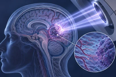 Die Abbildung zeigt ein menschliches Gehirn im Profil mit einem hervorgehobenen Bereich, der eine Tumorstelle darstellt. Ein medizinisches Gerät ist in der Nähe, das einen Lichtstrahl auf den Tumor richtet. Im kleinen Bildausschnitt ist eine Vergrößerung von Zellen und Blutgefäßen zu sehen.