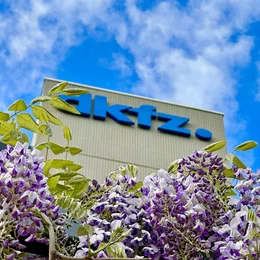 Ein Gebäude mit der Beschriftung "dkfz." ist im Hintergrund zu sehen. Im Vordergrund wachsen Blumen sowie grüne Blätter, die einen floralen Rahmen bilden.