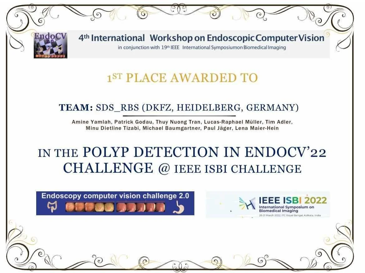 This image is a certificate awarding first place to the team "SDS_RBS" from DKFZ, Heidelberg, Germany, for their achievement in the Polyp Detection challenge at the EndoCV'22 competition, held in conjunction with the IEEE ISBI 2022 conference.