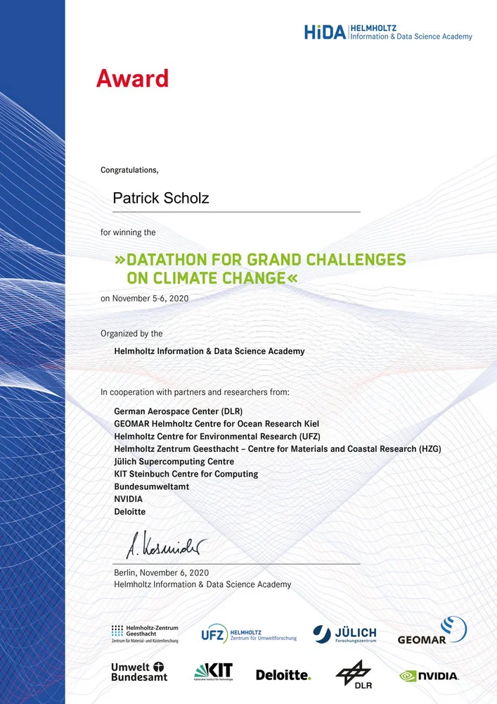 Award certificate presented to Patrick Scholz for winning the "Datathon for Grand Challenges on Climate Change," held from November 5-6, 2020. Organized by the Helmholtz Information & Data Science Academy, with various partner institutions listed at the bottom.