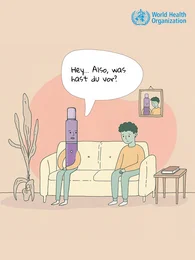 E-Zigarette sitzt neben trauriger Person auf der Couch und fragt „Hey… Also, was hast du vor?“