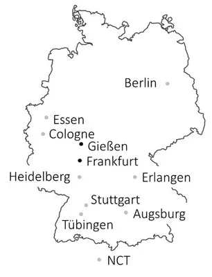 Deutschlandkarte mit Städten, in denen die Studienzentren der LEONORA Studie liegen.