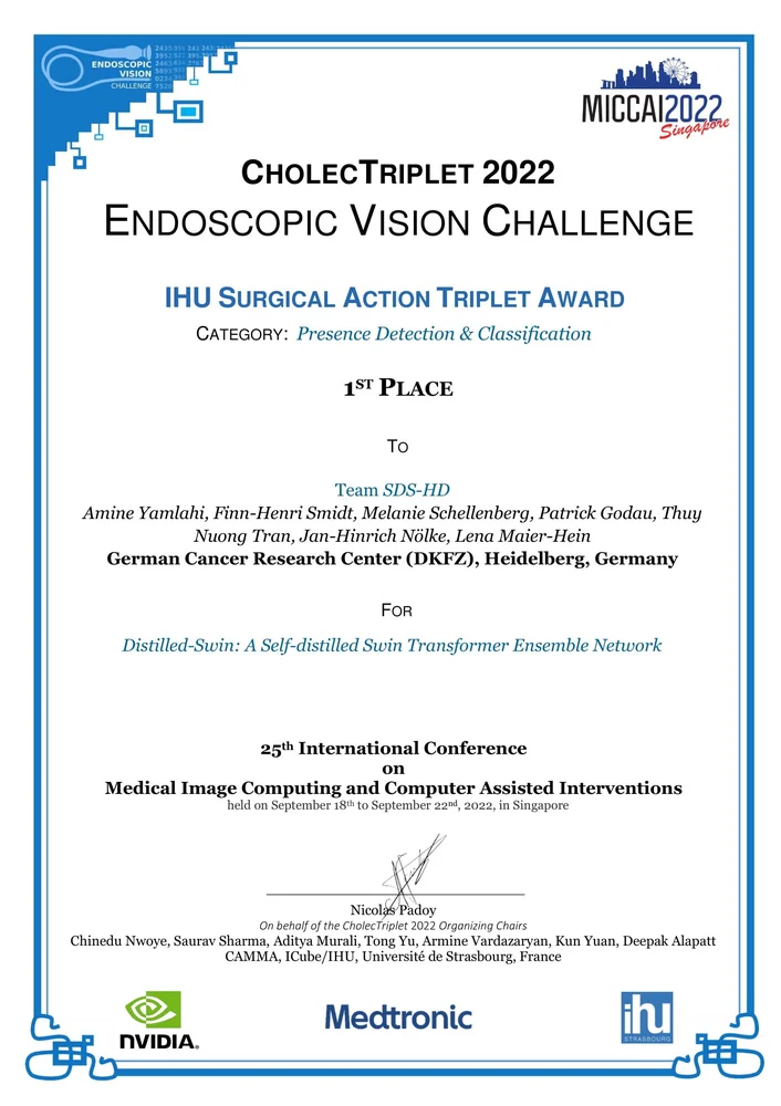 Certificate awarded to Team SDS-HD for achieving 1st place at the 2022 Endoscopic Vision Challenge. The award recognizes their project titled "Distilled-Skin: A Self-Distilled Skin Transformer Ensemble Network," presented at the 25th International Conference on Medical Image Computing and Computer Assisted Interventions.