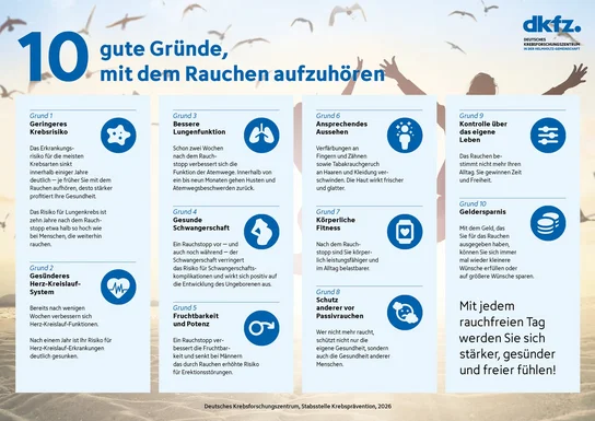 siehe https://www.dkfz.de/fileadmin/user_upload/Krebspraevention/Download/pdf/Infografiken_und_Faltblaetter/2026_10-gute-Gründe-mit-dem-Rauchen-aufzuhören.pdf (barrierefrei)