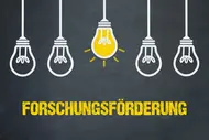 Forschungsförderung / Tafel mit Glühbirnen Bildbeschreibung: Fünf Glühbirnen sind angeordnet, von denen eine in leuchtendem Gelb hervorsticht. Darunter steht in großen, gelben Buchstaben das Wort „FORSCHUNGSFÖRDERUNG“. Das Bild symbolisiert innovative Ideen und Unterstützung für Forschungsprojekte.